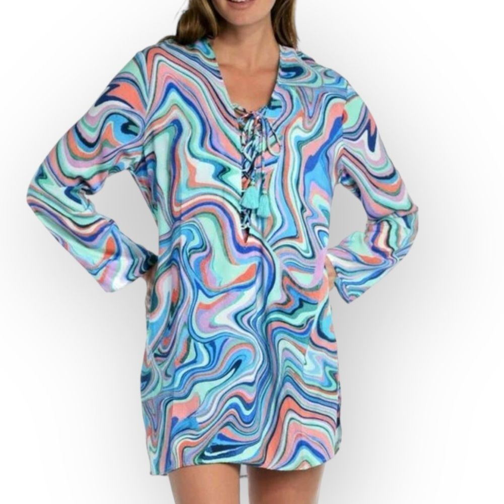LA BLANCA NWT Crystal Cove Swirl Print Long Sleeves Lace Tunic/Swim Cover-size M